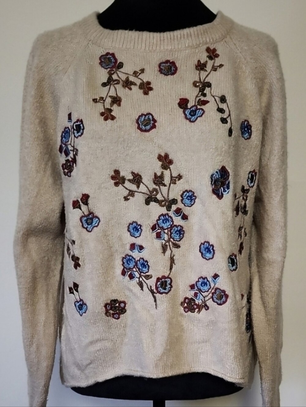 Floral Embroidered Boxy Knit Sweater Top Women's Medium Cottagecore Boho